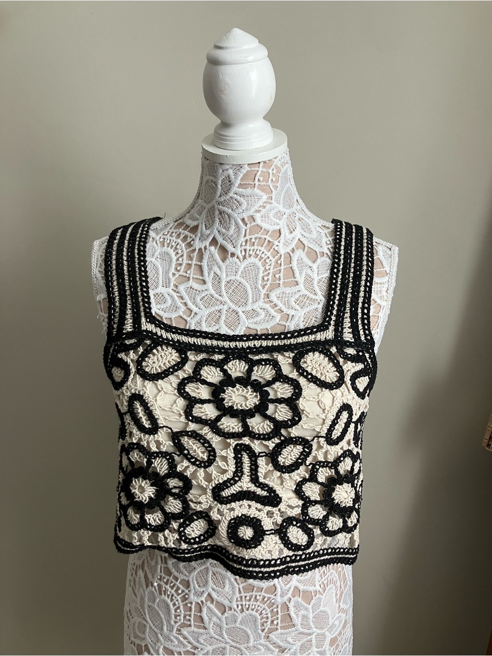 Cream Crochet Floral Tank Top with Black Trim